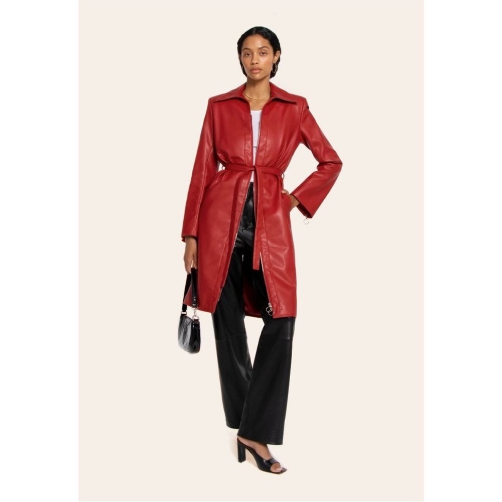 Orseund Iris Red Vegan Leather Belted Trench Coat Jacket Statement Designer L - Picture 7 of 15